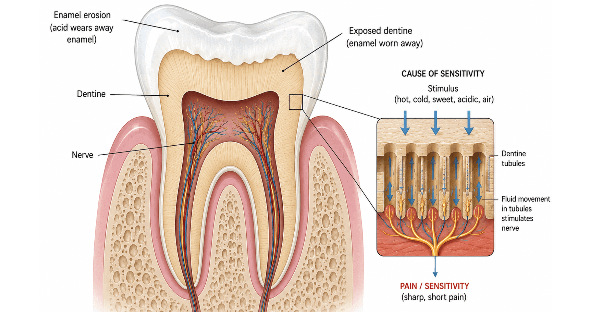 Diagram showing exposed dentine and enamel erosion causing tooth sensitivity in Gordon