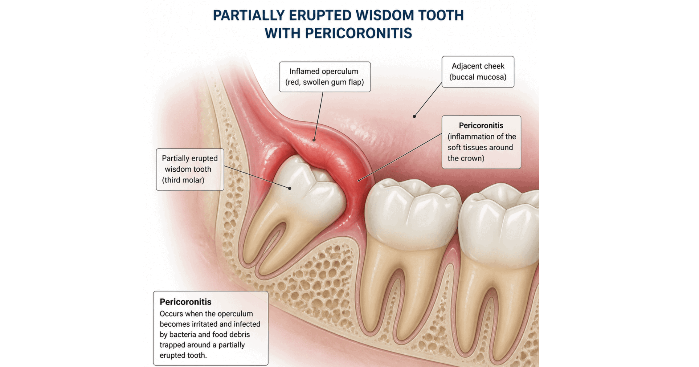 Diagram showing pericoronitis infection around a partially erupted wisdom tooth in Gordon