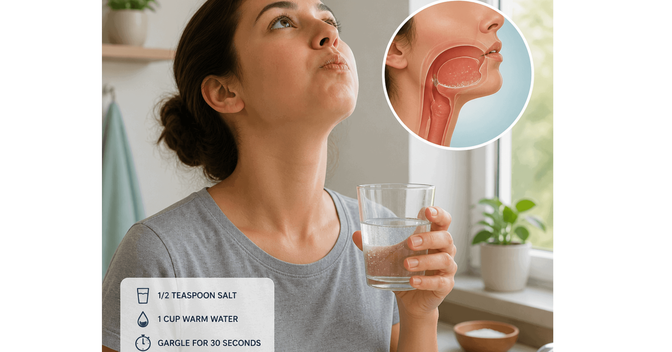Patient rinsing with warm salt water as part of immediate pericoronitis treatment at home