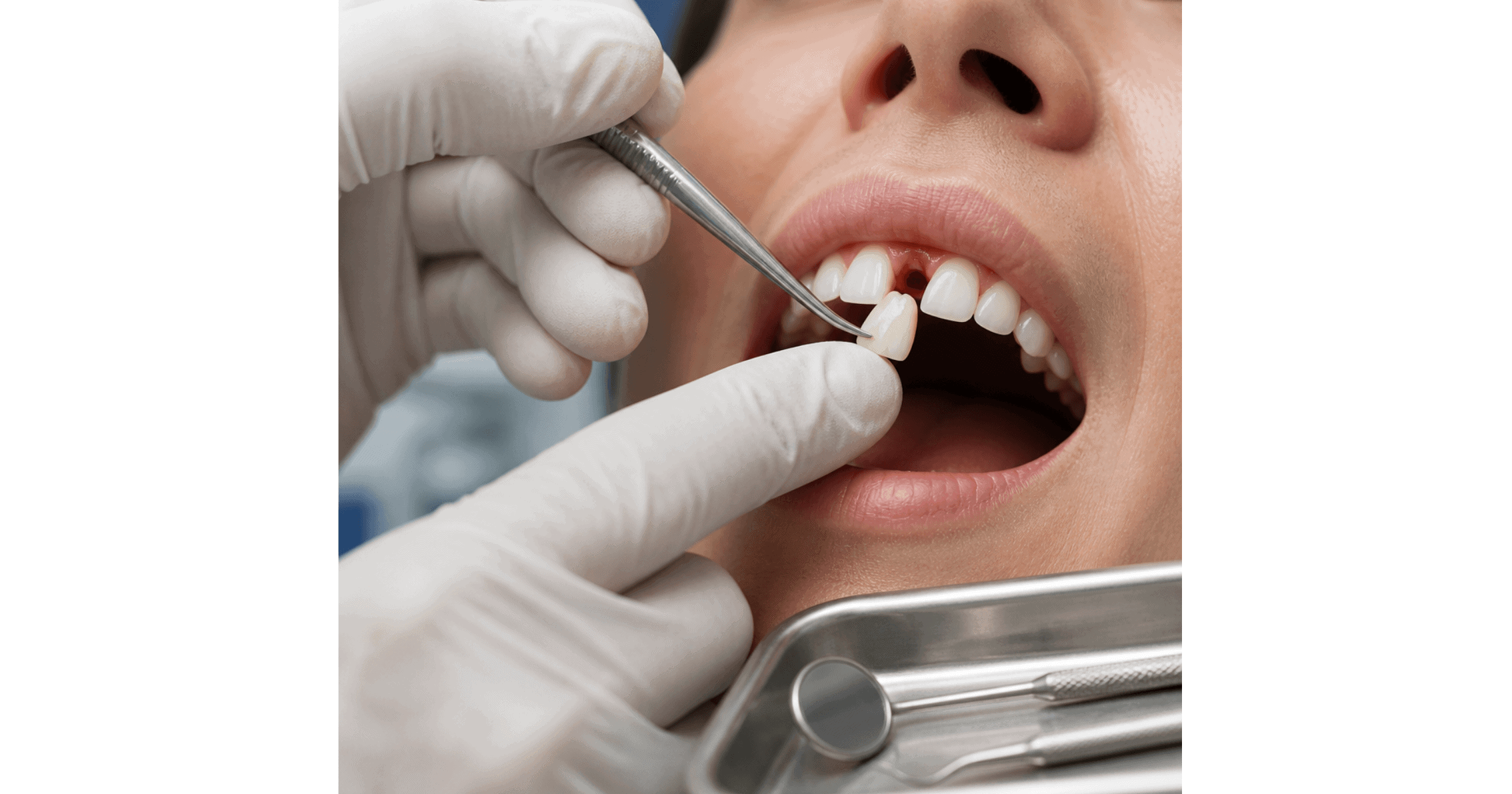 Close-up of a dentist repositioning a knocked-out tooth in a dental chair in Gordon